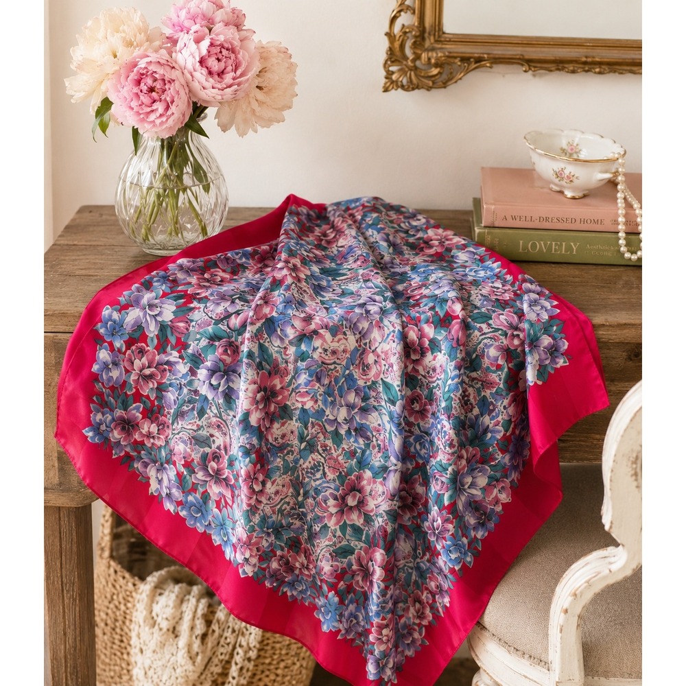 Tie Rack Scarf Women OS Hot Pink Floral Paisley Made in Italy 45x46 Vintage